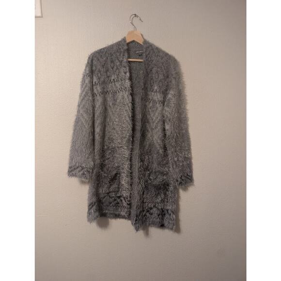 Eddie Bauer Long‎ Cardigan Womens M Grey Fuzzy Warm Cozy Winter Pockets - Picture 1 of 9